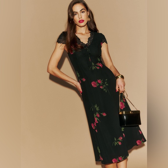 Reformation Black Floral Midi Dress - Picture 1 of 5